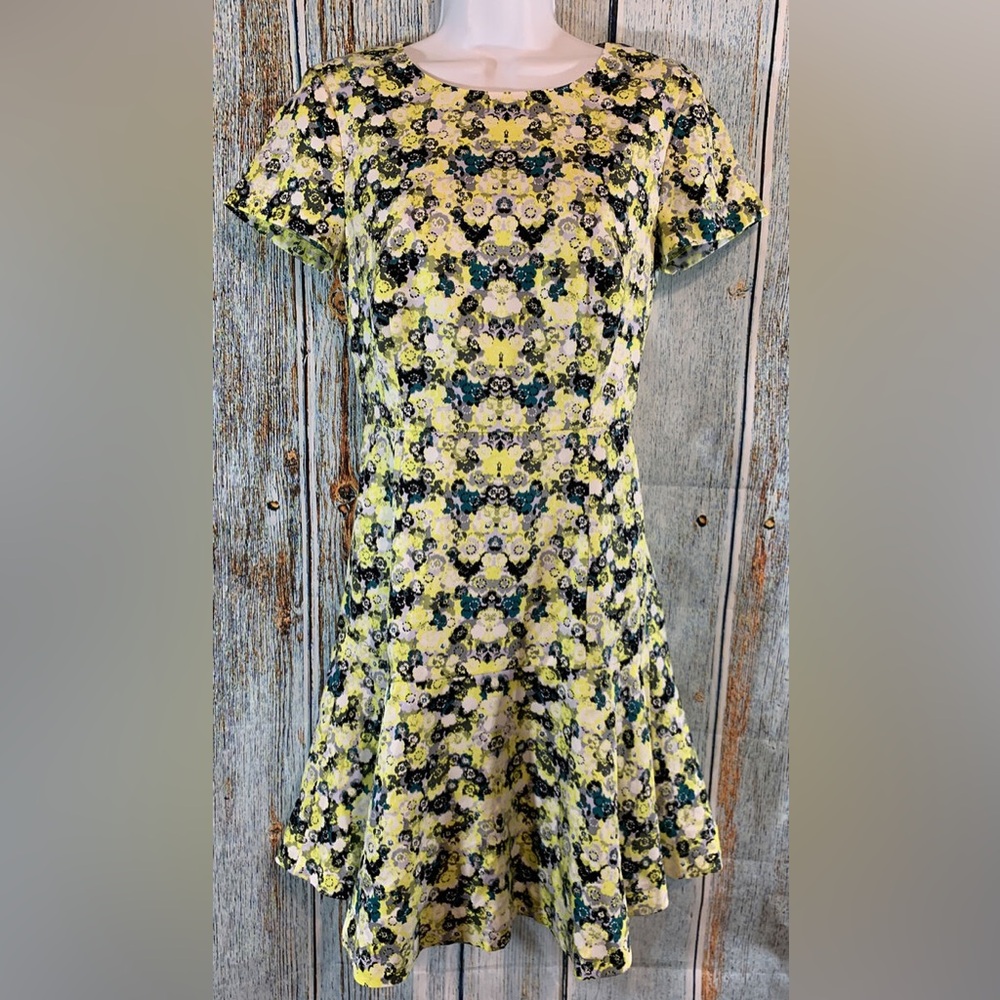 J. Crew Fit & Flare Dress Size 0 Yellow Teal White Black Floral